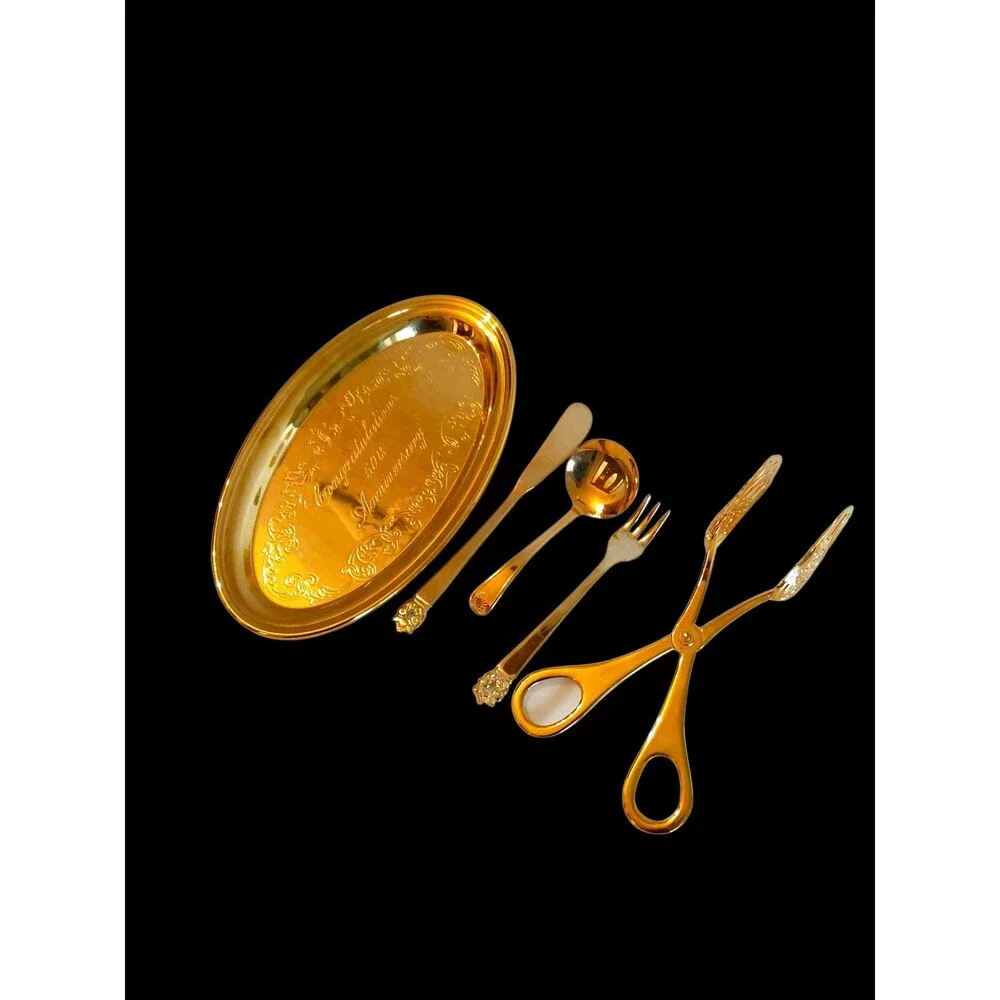Vtg 50th Anniversary Gorham Gold Serving Set, 5-Piece Gold Plated Tray Utensils